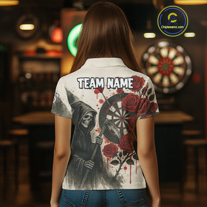 Custom Red Grunge Roses Grim Reaper Dartboard Dart Polo Shirt For Women Dart Team Jerseys NYN1546