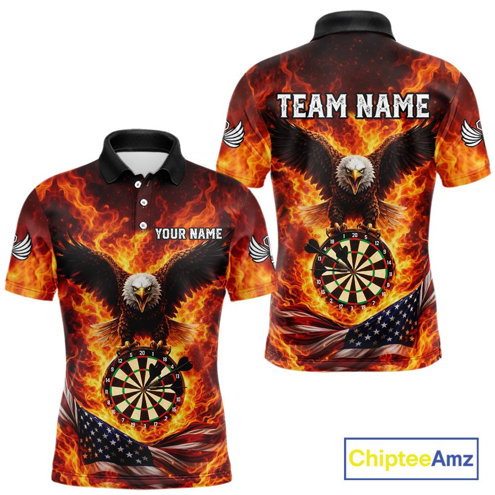 Personalized Eagle US Flag Fire Flame Dartboard Men Darts Polo Shirt Custom Darts Team Jersey|Red NYN2584