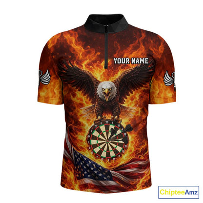 Personalized Eagle US Flag Fire Flame Dartboard Men Darts 1/4-Zip Shirt Custom Darts Team Jersey|Red NYN2584