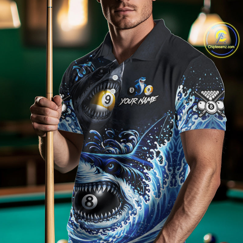 Funny Shark Waving Pool 8 Ball & 9 Ball Billiard Shirt For Men Personalized Ball Billiard Attire NYN2590