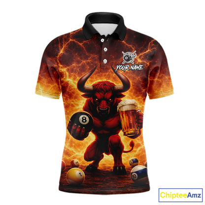 Yellow Lightning Funny Bull Pool 8 Ball Men Billiard Polo & 1/4-Zip Shirt Custom Billiard Attire NYN2606