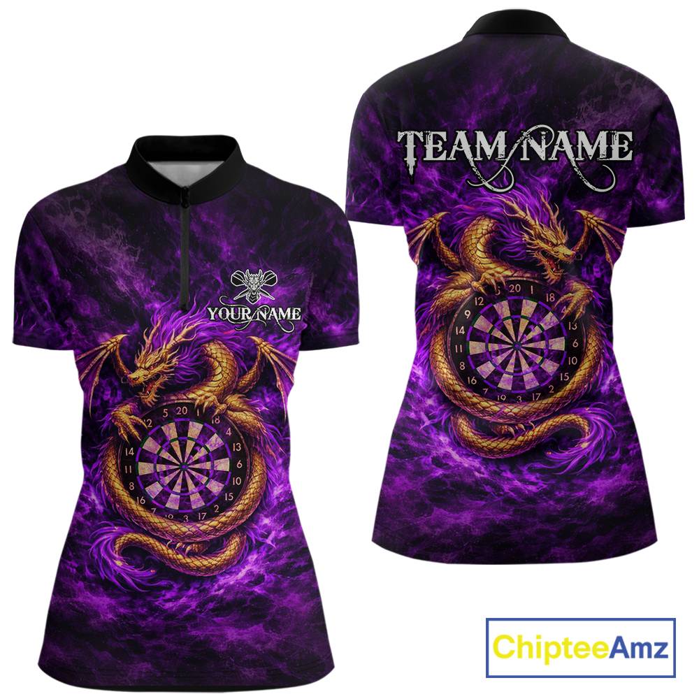 Gold Horror Dragon Hold Dartboard Women Darts Quarter-Zip Shirt Custom Purple Grunge Darts Team Jersey NYN2609