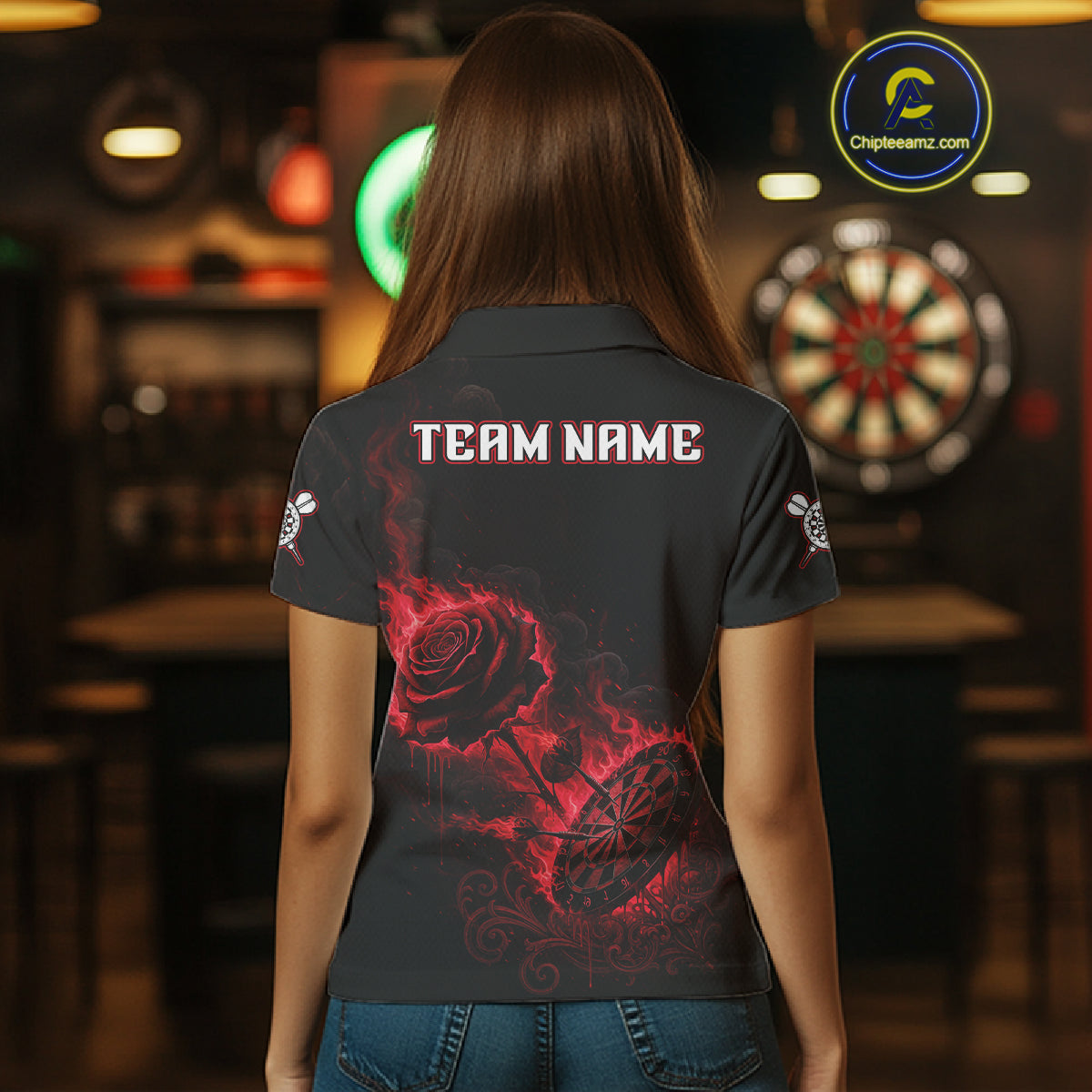 Custom Black And Red Flames Roses Dartboard Women Darts Polo Shirt, Dart Team Jerseys NYN1845