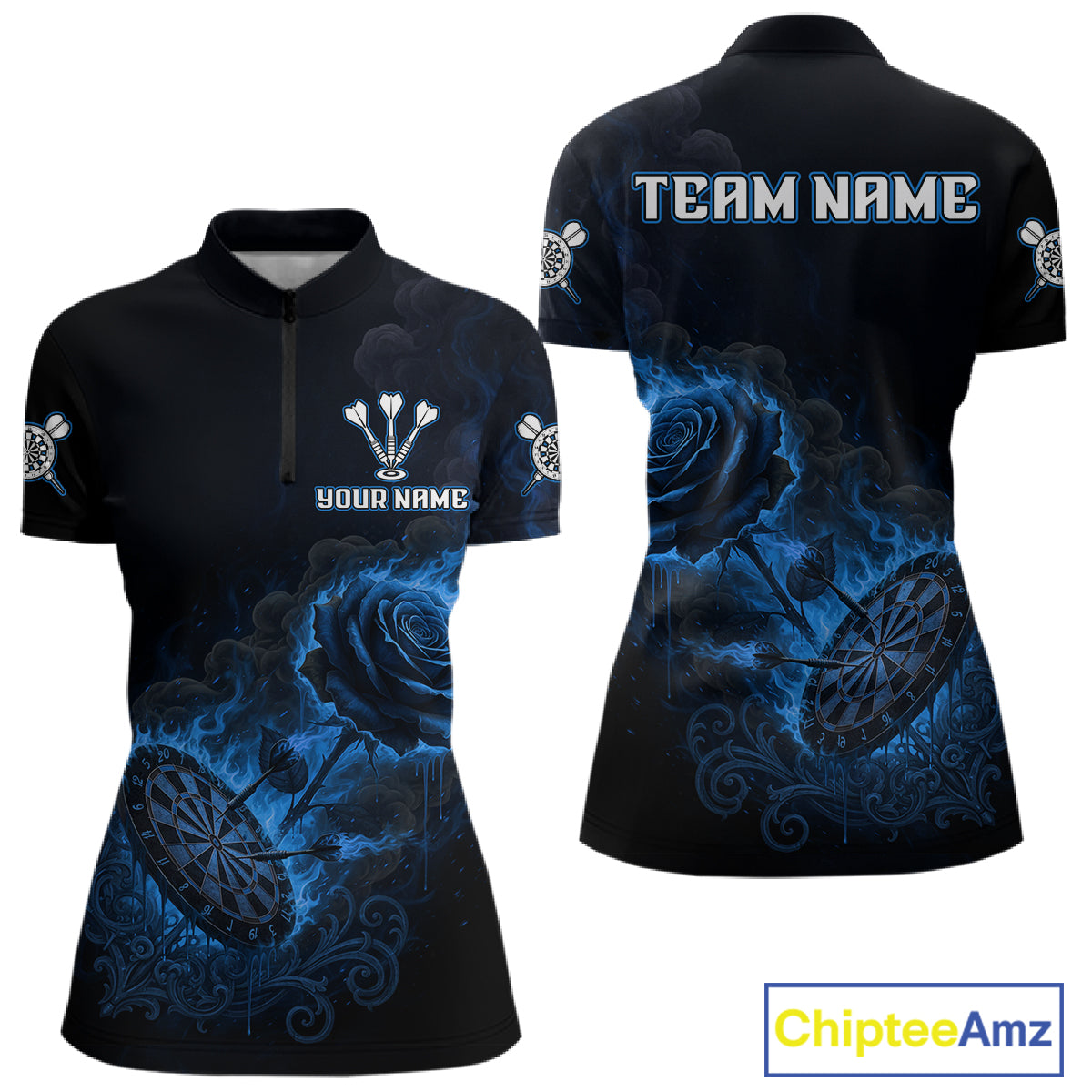Custom Black And Blue Flames Roses Dartboard Women Darts Quarter-Zip Shirt, Dart Team Jerseys NYN1846