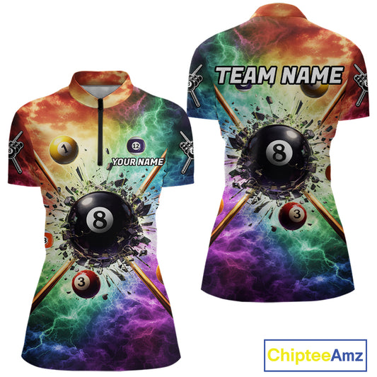 Personalized Crack Pool 8 Ball Women Billiard Team Shirt Colorful Thunder Billiard Attire NYN2368