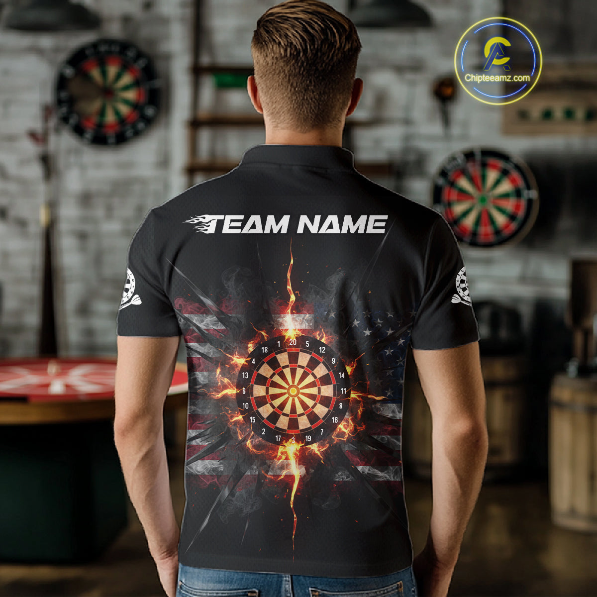 Smoke US Flag Fire Flame Dartboard Custom Men Darts Polo Shirt Patriotic Dart Jerseys NYN1859