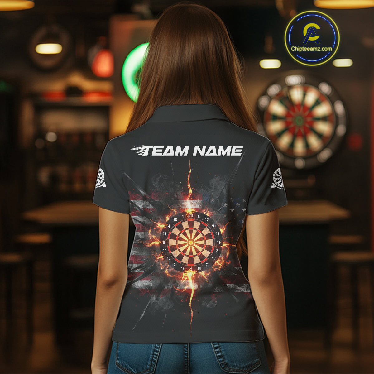 Smoke US Flag Fire Flame Dartboard Custom Women Darts Polo Shirt Patriotic Dart Jerseys NYN1859