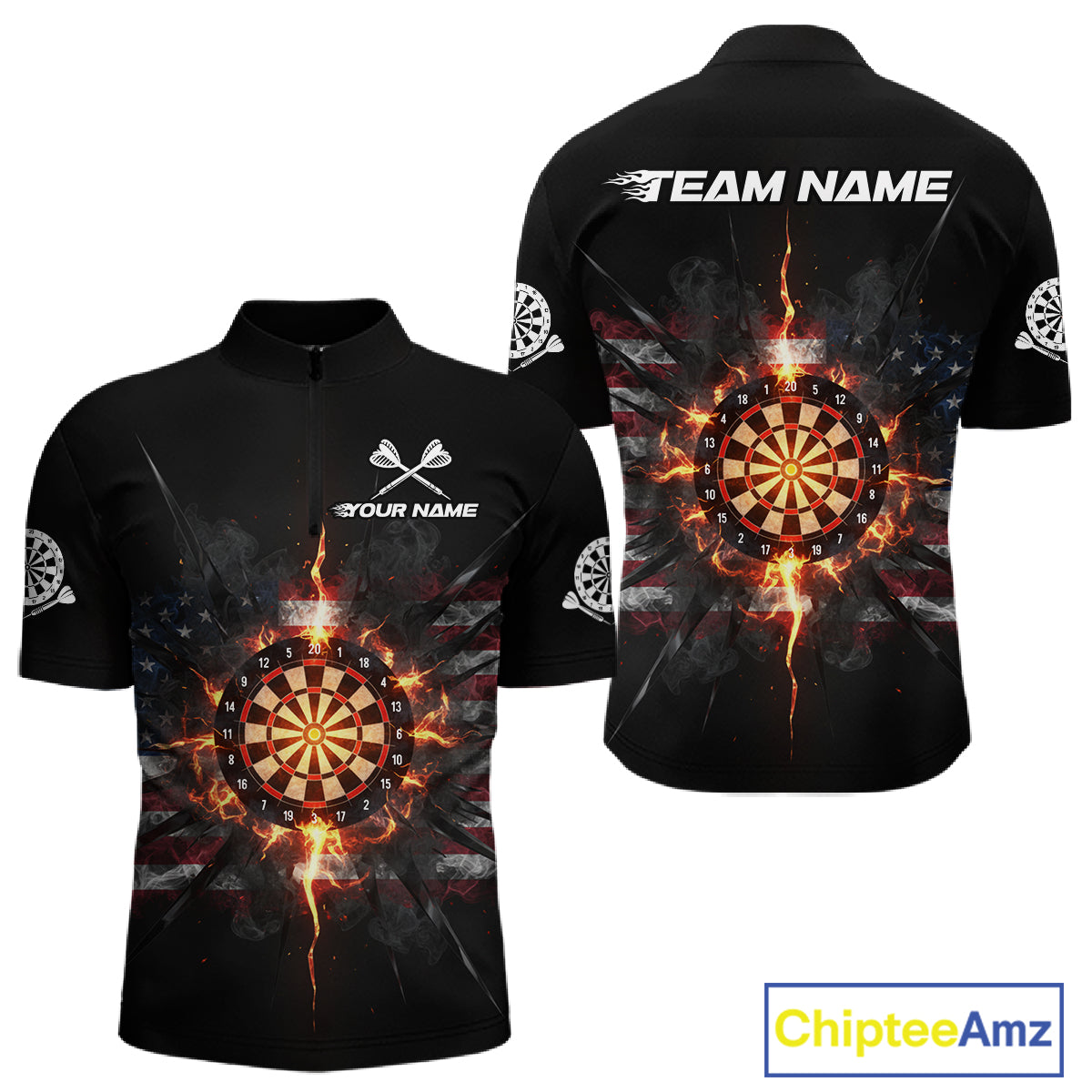 Smoke US Flag Fire Flame Dartboard Custom Men Darts Quarter-Zip Shirt Patriotic Dart Jerseys NYN1859