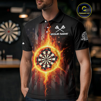US Flag Fire Flame Cracked Dartboard Custom Men Darts Polo Shirt Patriotic Dart Jerseys NYN1860