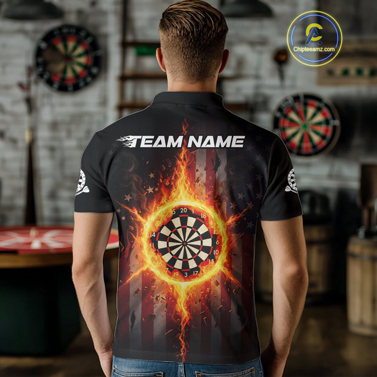 US Flag Fire Flame Cracked Dartboard Custom Men Darts Polo Shirt Patriotic Dart Jerseys NYN1860