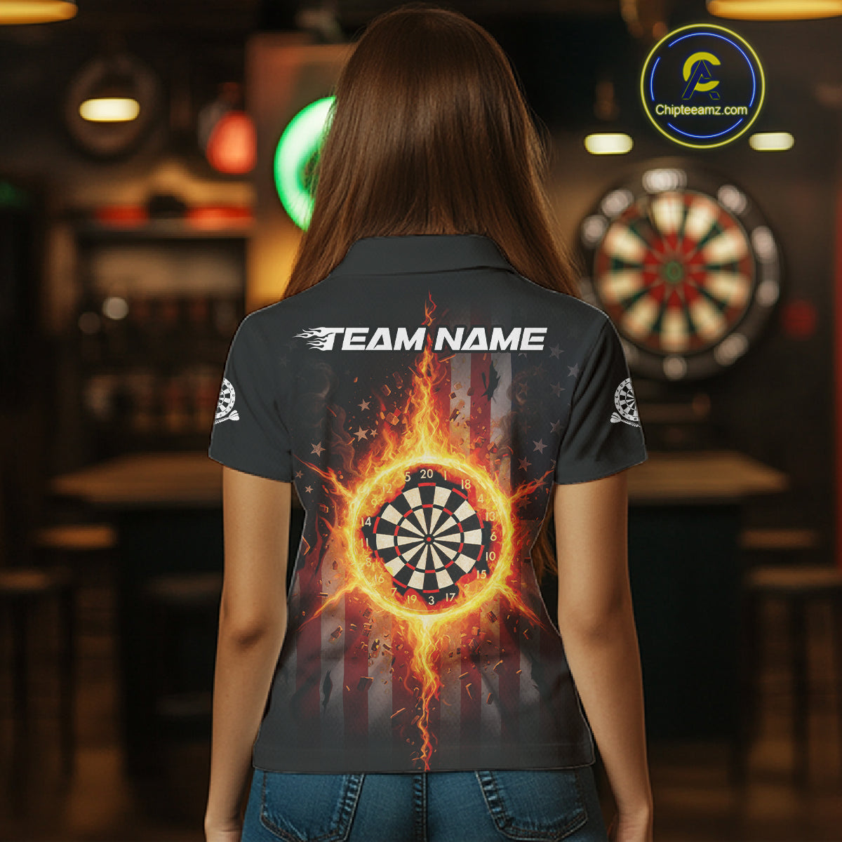US Flag Fire Flame Cracked Dartboard Custom Women Darts Polo Shirt Patriotic Dart Jerseys NYN1860