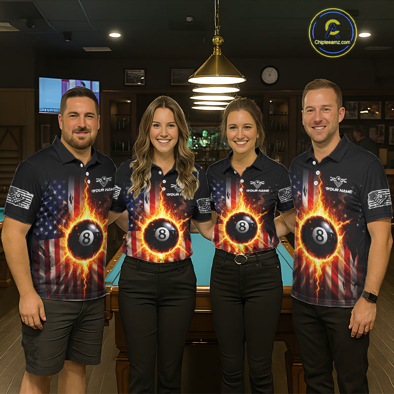 Flame 8 Ball Pool Men Billiard Polo & 1/4-Zip Shirt Custom US Flag Billiard Team Jersey NYN2372