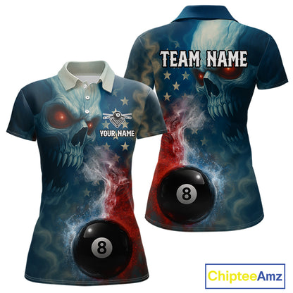 US Flag Smoke 8 Ball Women Billiard Polo & 1/4-Zip Shirt Custom Skull Pool Billiard Team Apparel NYN2383