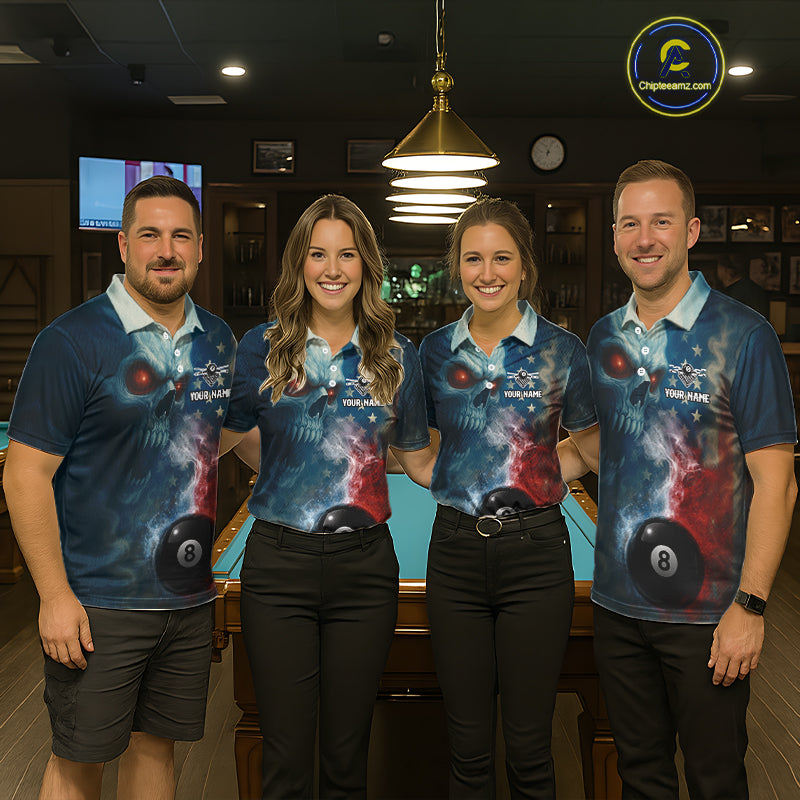 US Flag Smoke 8 Ball Men Billiard Polo & 1/4-Zip Shirt Custom Skull Pool Billiard Team Apparel NYN2383
