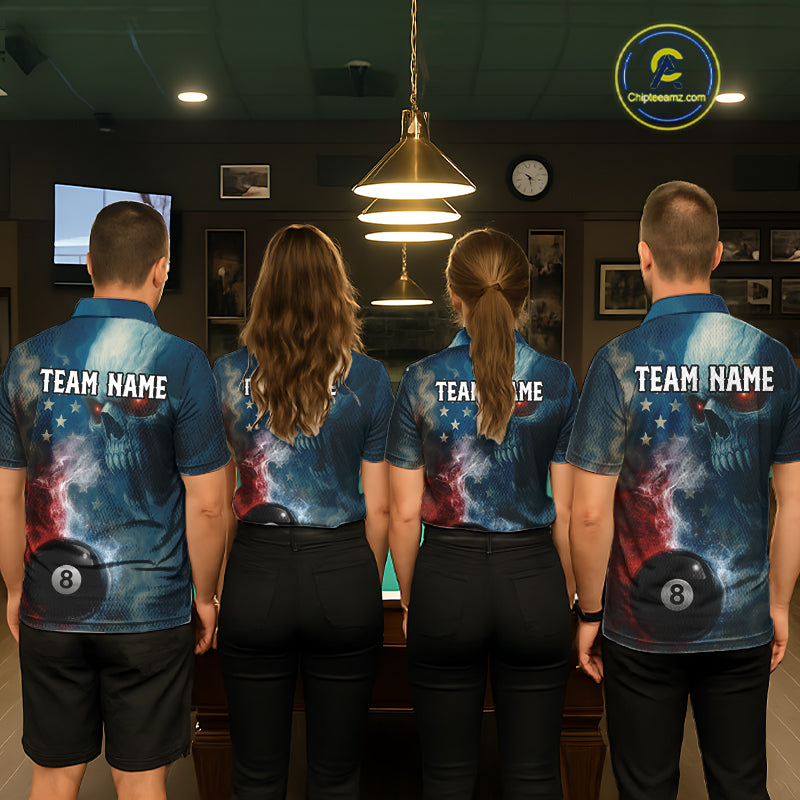 US Flag Smoke 8 Ball Men Billiard Polo & 1/4-Zip Shirt Custom Skull Pool Billiard Team Apparel NYN2383