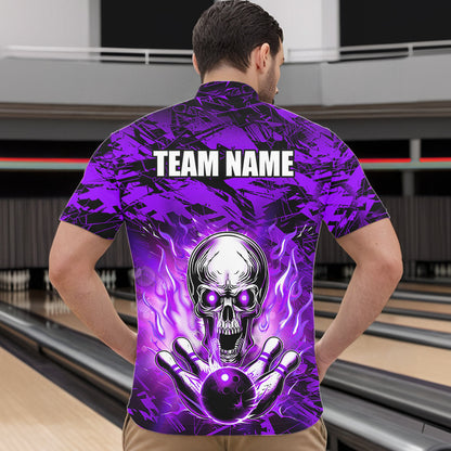 Personalized Purple Flame Skull Bowling Jersey Camo Quarter-Zip Bowling Team Shirt QZT670
