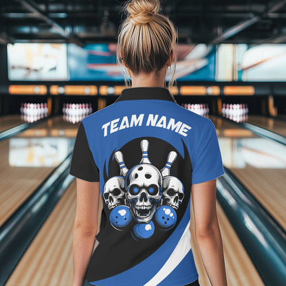 Custom Blue Skull Bowling Shirt Polo Bowling Jersey for Men Women Bowling Outfit QZT671