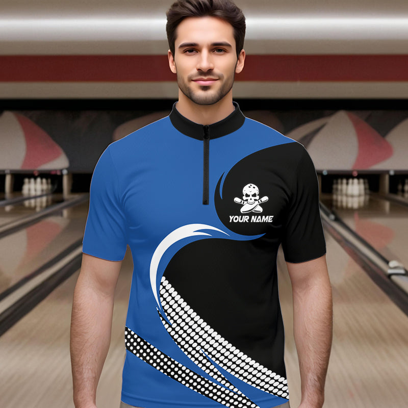 Custom Blue Skull Bowling Shirt Quarter-Zip Bowling Jersey for Men Women Bowling Outfit QZT671