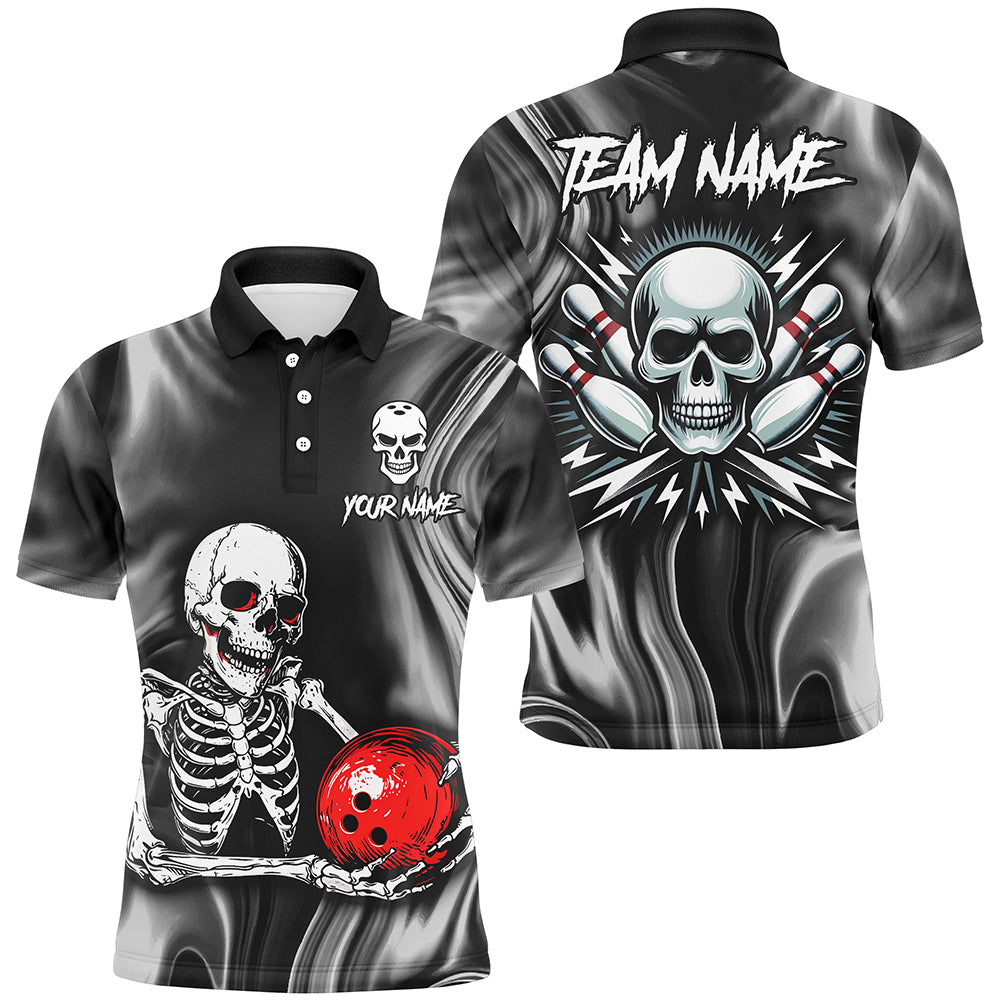 A black polo shirt with a bowling-themed graphic that includes the text 'YOURNAME' and 'TEAM NAME' and a skull holding bowling ball, front and back view mockup, designed for men.