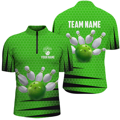 Personalized Bowling Jersey Green Bowling Shirt for Men Bowling Team League 1/4 Zip Shirt QZT270