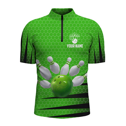 Personalized Bowling Jersey Green Bowling Shirt for Men Bowling Team League 1/4 Zip Shirt QZT270