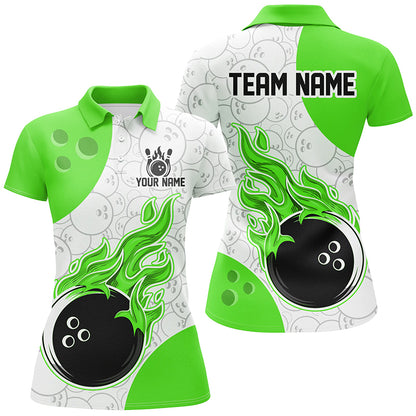 Bowling team shirt with flames and a bowling ball design on a white background