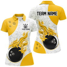 Load image into Gallery viewer, Bowling team shirt with flames and a bowling ball design on a white background