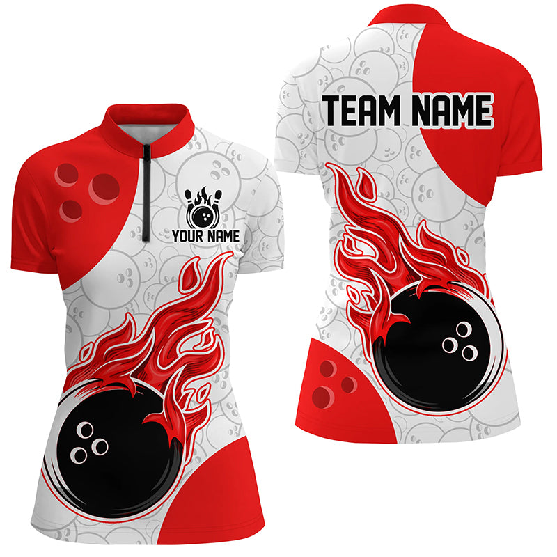 Red, white, and black bowling jersey with flame design on a white background