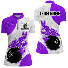 Load image into Gallery viewer, Bowling jersey with purple and white design featuring flames and a bowling ball, customizable text areas.