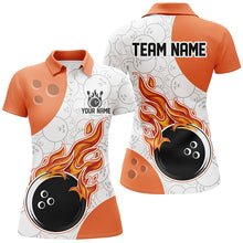Load image into Gallery viewer, Bowling team shirt with flames and a bowling ball design on a white background