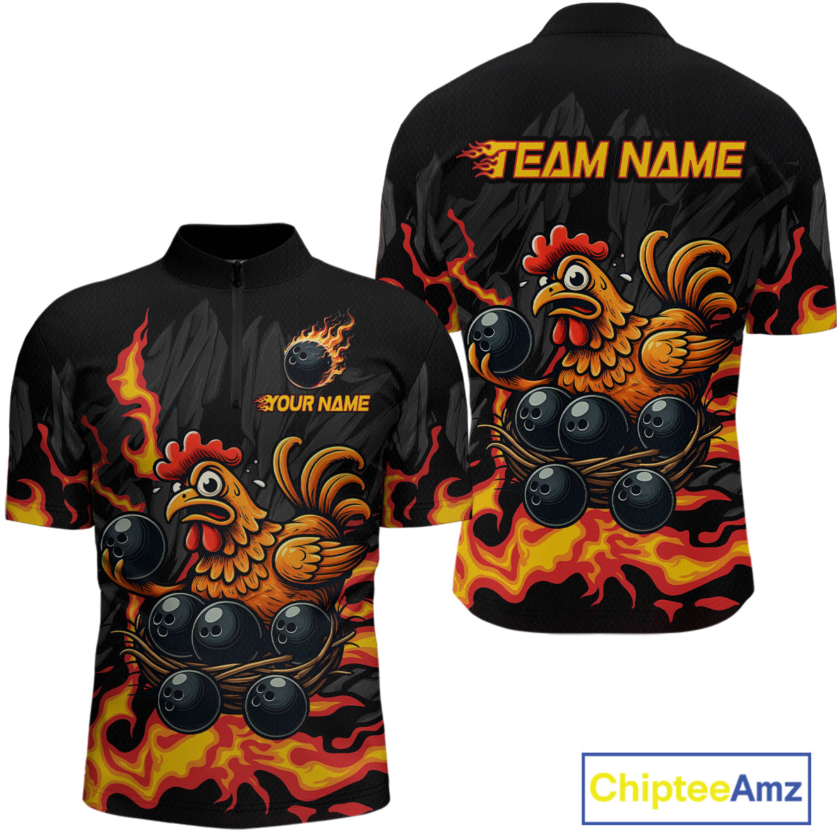 Personalized Chicken Bowling Shirt Orange Flame Bowling for Men Team League Polo & Quarter-Zip QZT706
