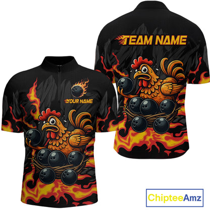 Personalized Chicken Bowling Shirt Orange Flame Bowling for Men Team League Polo & Quarter-Zip QZT706