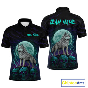 Teal And Purple Wolf & Skull Bowling Team Shirt for Men Custom Bowling League Jersey Bowling Unisex QZT750