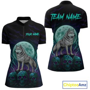 Teal And Purple Wolf & Skull Bowling Team Shirt for Women Custom Bowling League Jersey Bowling Unisex QZT750