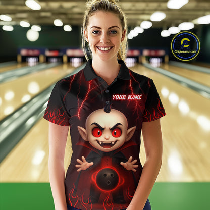 Custom Red Funny Vampire Thunder Bowling Shirt Polo & 1/4-Zip Bowling League Jersey for Women Outfit QZT753