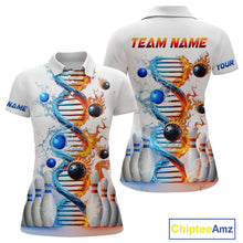 Load image into Gallery viewer, A white bowling shirt with a custom flame and water DNA design, featuring pins and balls, with options for personalization such as adding a team name.