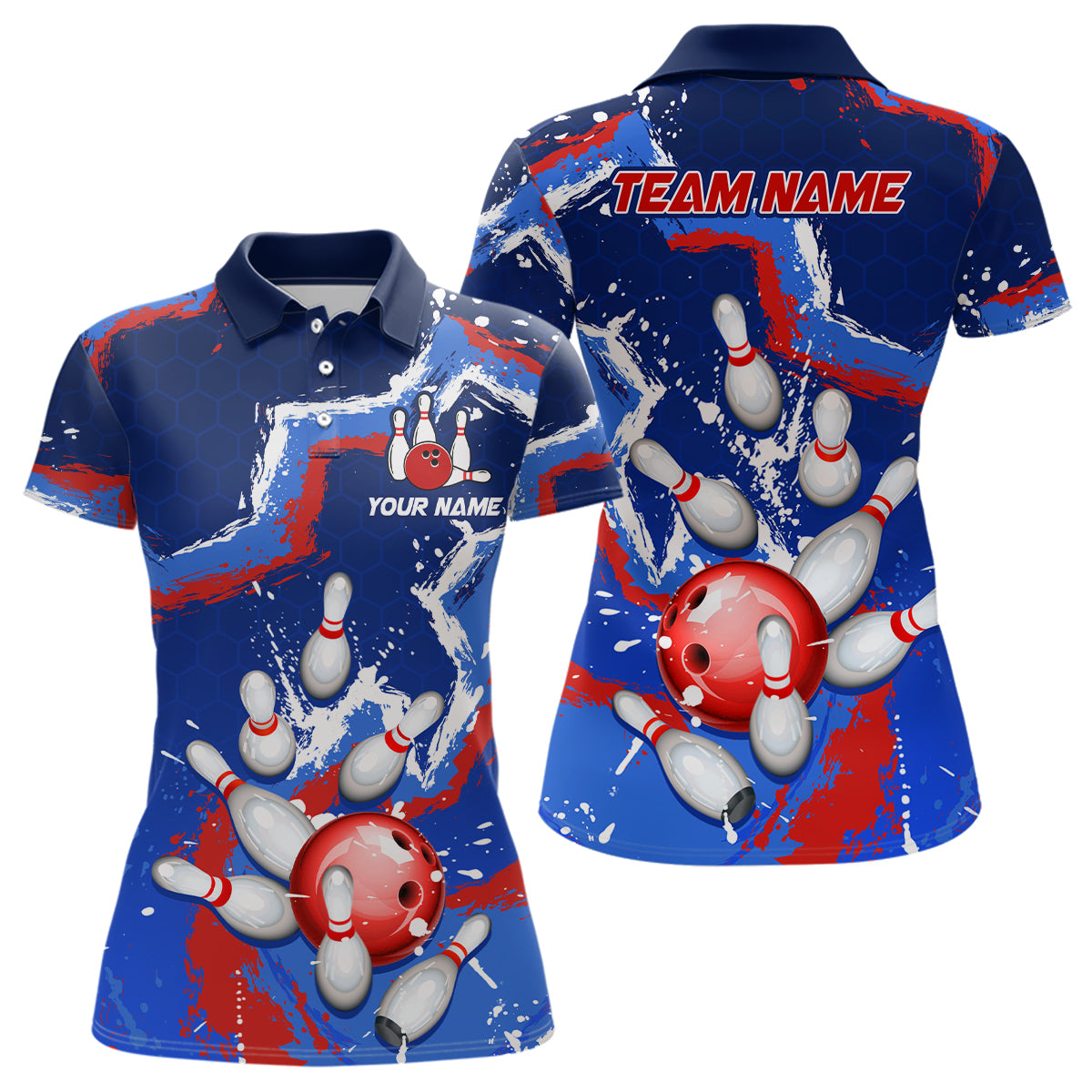 Personalized Blue Red White Bowling Team Shirts for Women  Polo Bowling Jersey QZT492