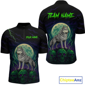 Purple And Green Wolf & Skull Bowling Team Shirt for Men Custom Bowling League Jersey Bowling Unisex QZT732