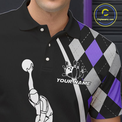 Purple Argyle Pattern Bowling Jersey for Men Custom Polo & 1/4-Zip Bowling Team Shirt Bowling Gift QZT725
