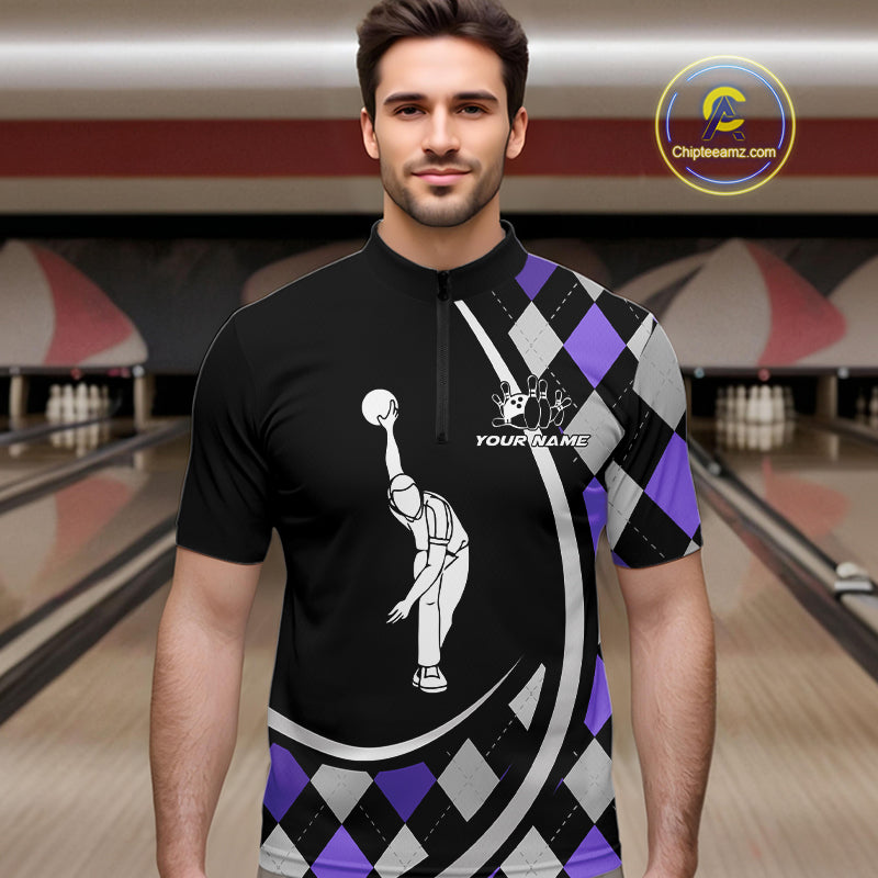 Purple Argyle Pattern Bowling Jersey for Men Custom Polo & 1/4-Zip Bowling Team Shirt Bowling Gift QZT725