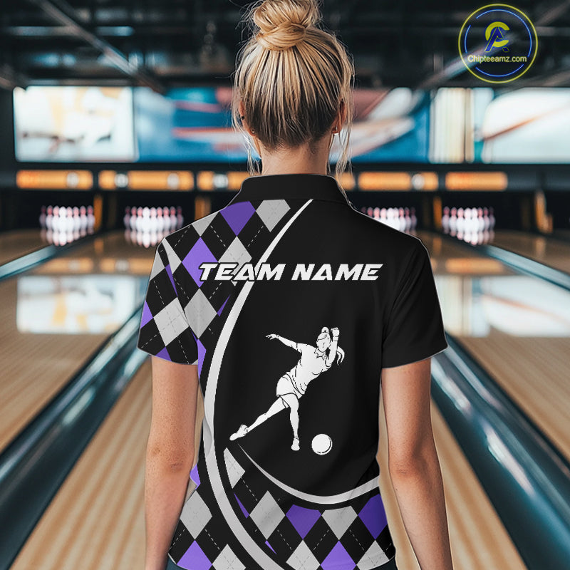 Purple Argyle Pattern Bowling Jersey for Women Custom Polo & 1/4-Zip Bowling Team Shirt Bowling Gift QZT725