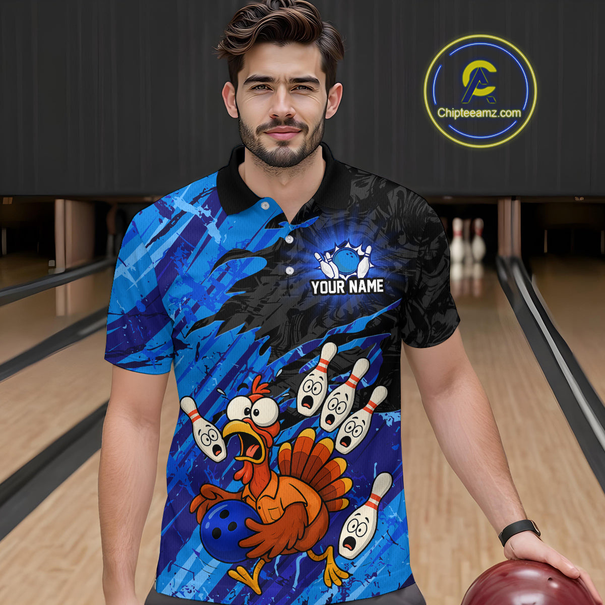 Custom Blue Turkey Bowling Shirt Funny Ball Pin League Jersey for Men Polo Outfit QZT765