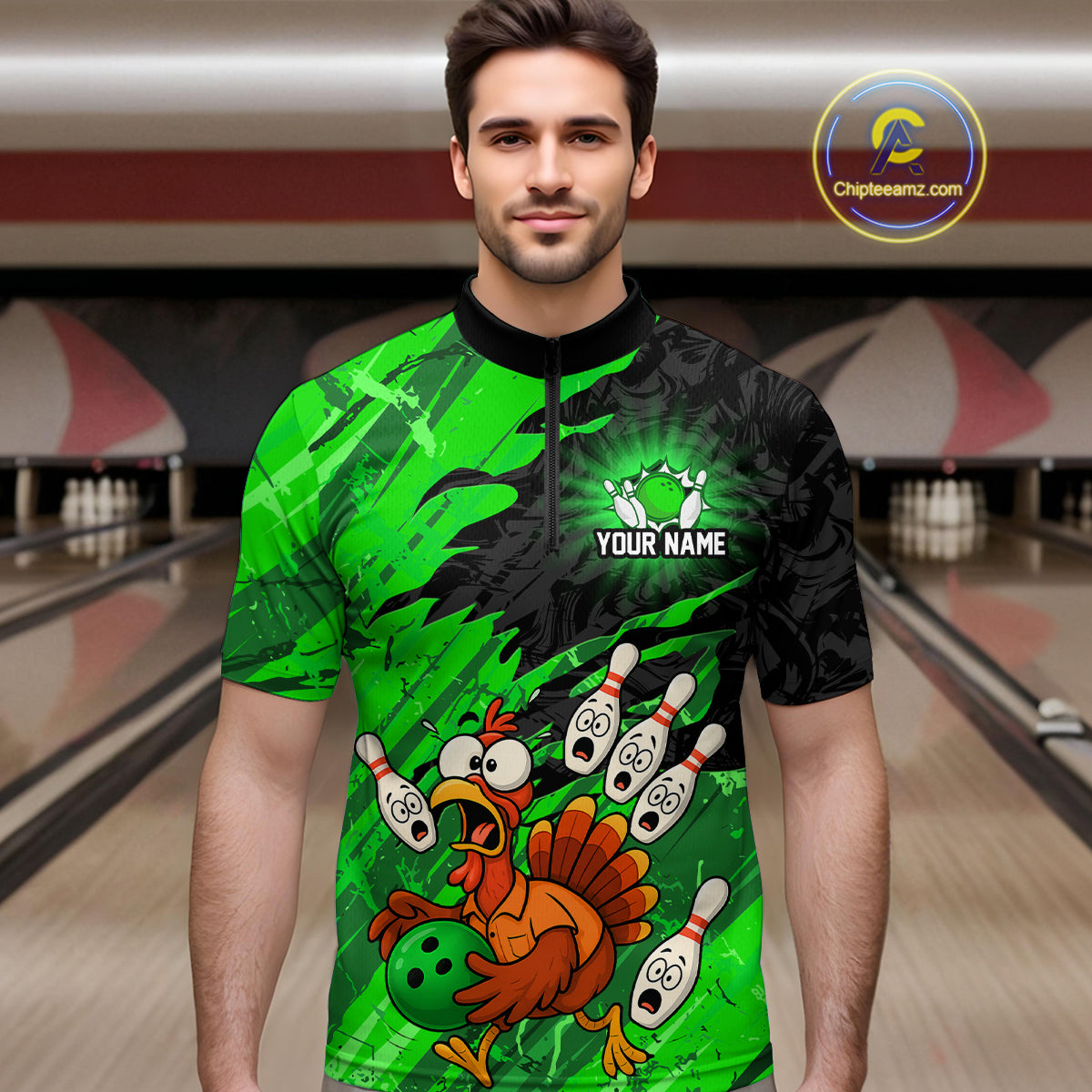 Custom Green Turkey Bowling Shirt Funny Ball Pin League Jersey for Men Polo Outfit QZT765