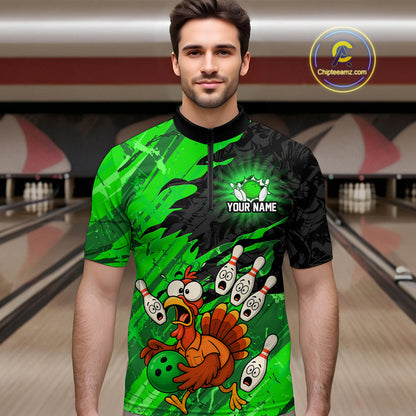 Custom Green Turkey Bowling Shirt Funny Ball Pin League Jersey for Men Polo Outfit QZT765