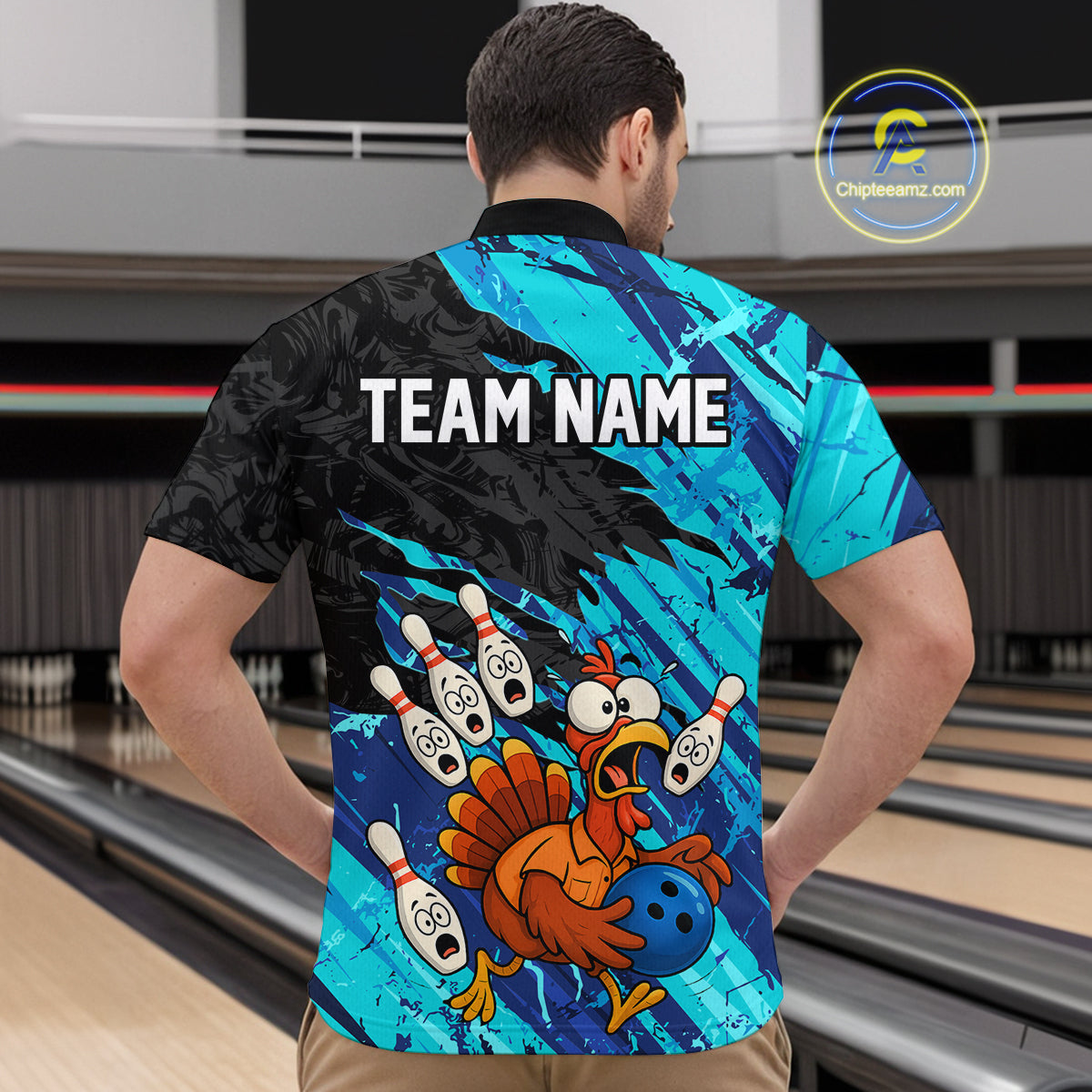 Custom Cyan Turkey Bowling Shirt Funny Ball Pin League Jersey for Men Polo Outfit QZT765