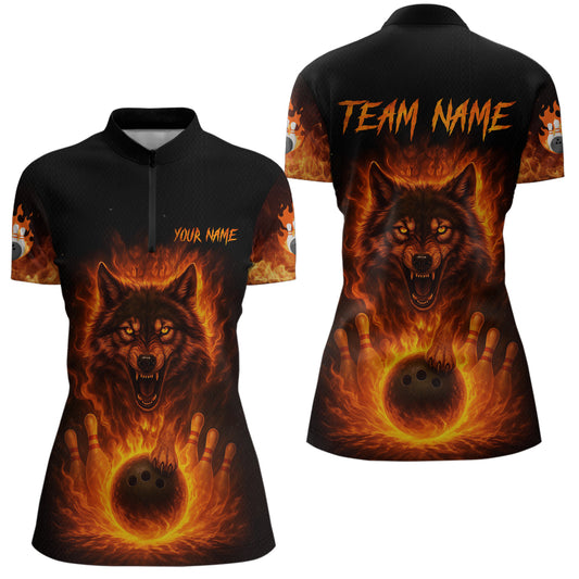 Orange Flame Wolf Bowling Shirt for Women Custom Bowling Jersey League Polo & Quarter-Zip QZT741