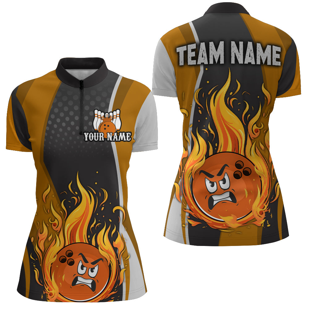 Custom Bowling Shirt for Women Flame Orange Bowling Jerseys 1/4 Zip Camo Bowling Team League QZT421