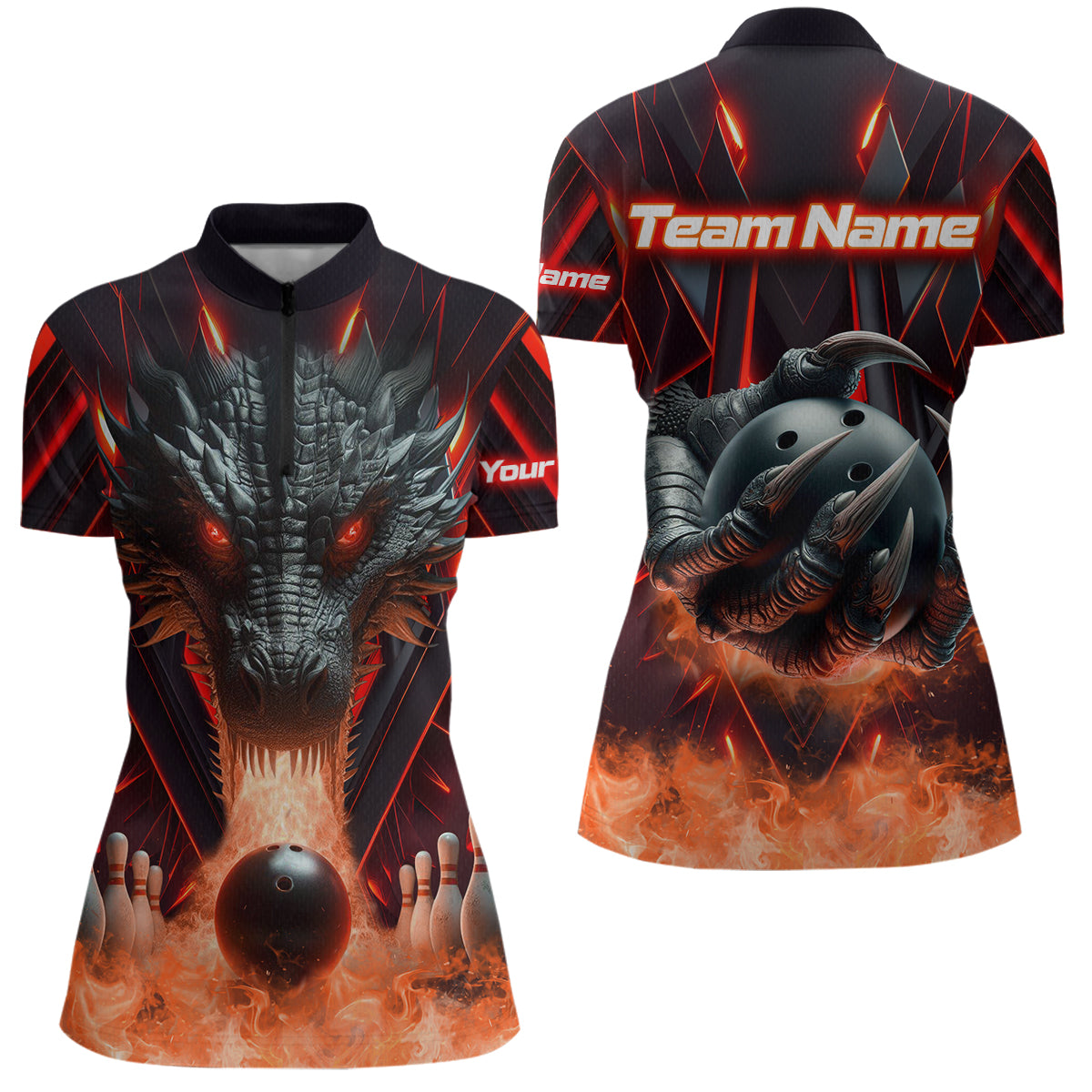 Red & Black Flame Dragon Bowling Shirt 1/4-Zip Bowling Team League for Men Women Bowling Gifts QZT668