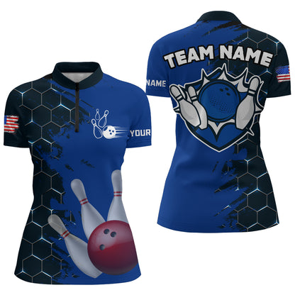 Navy & Black Bowling Shirt Customized Camo Bowling Shirt Quarter- Zip Bowling Team League for Women QZT266