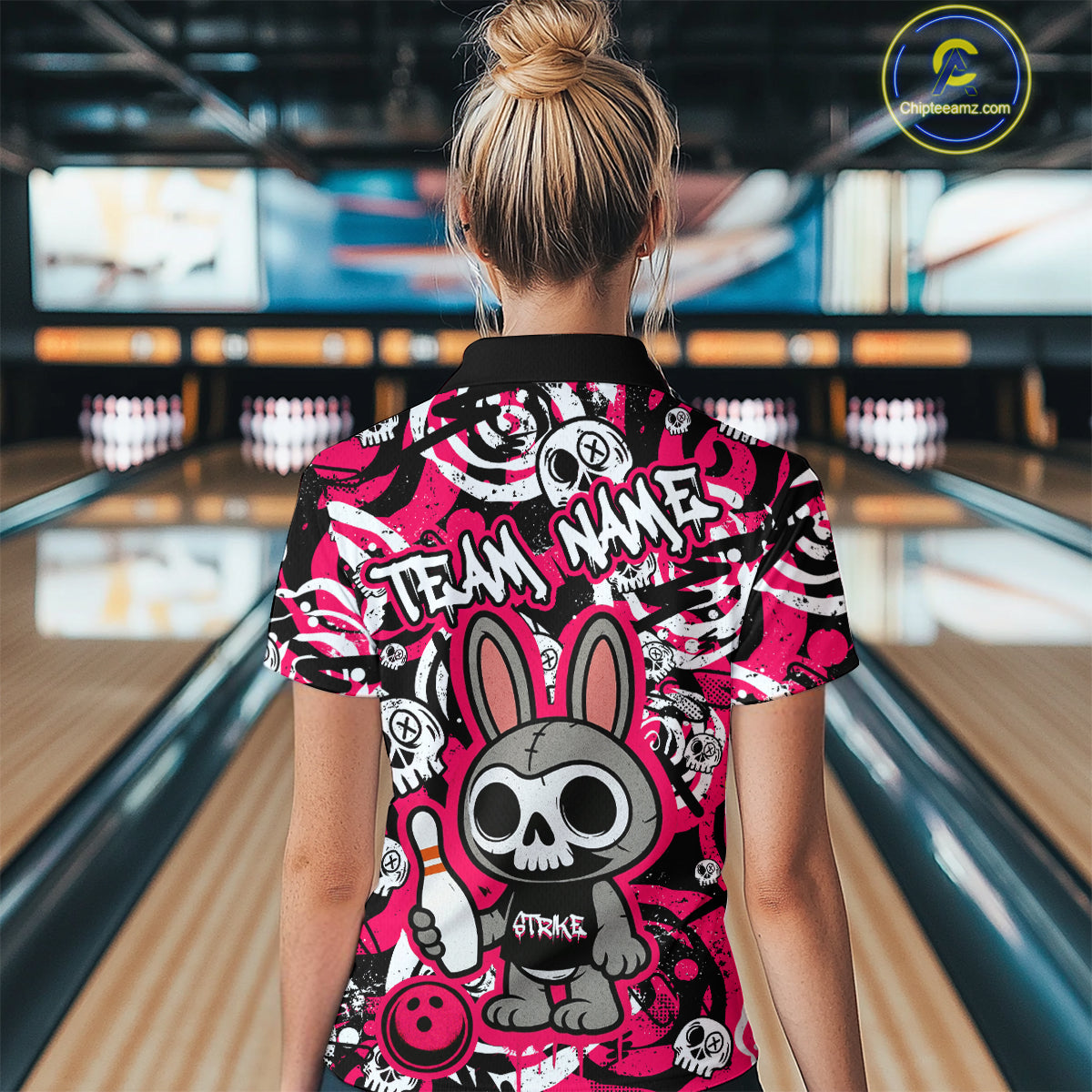 Custom Pink Skull Bunny Bowling Shirt Gothic Women Bowling Team League Polo Halloween QZT747